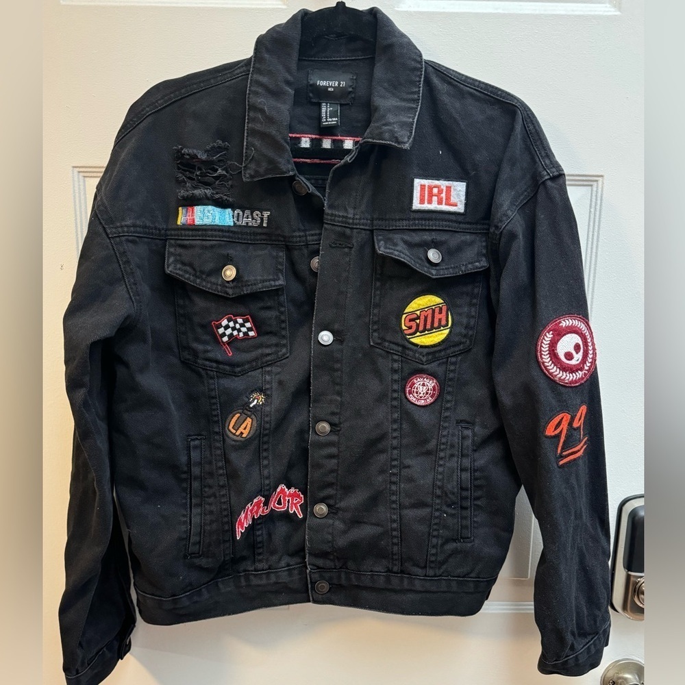 Distressed Patchwork Denim Jacket Unisex Streetwear Vintage Retro Moto Biker - Picture 2 of 15
